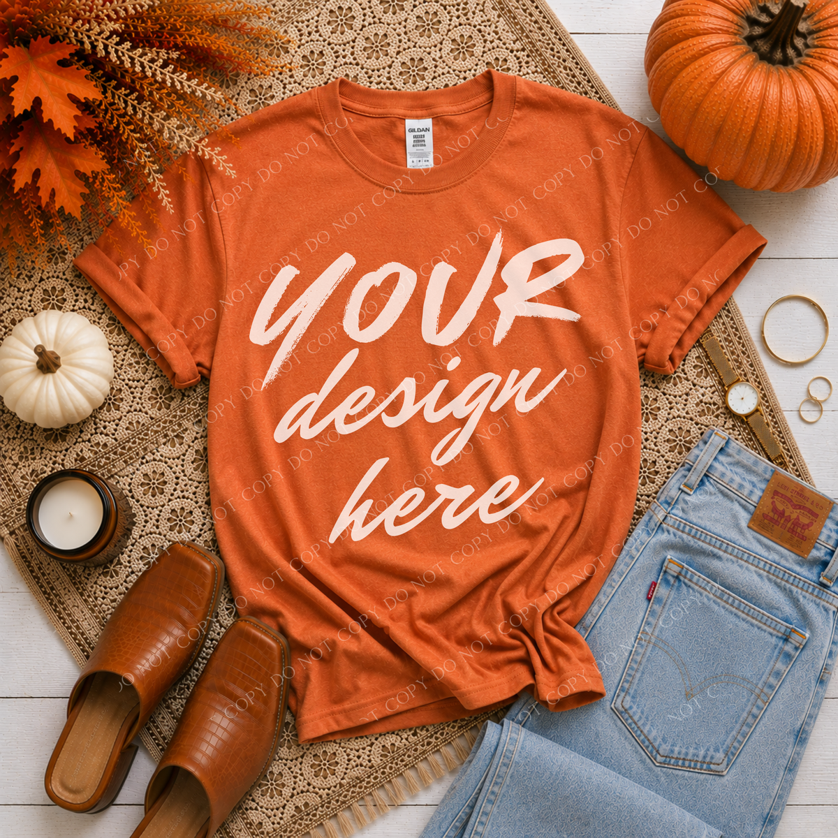 Fall Flatlay Mockup, Gildan G500 Antique Orange