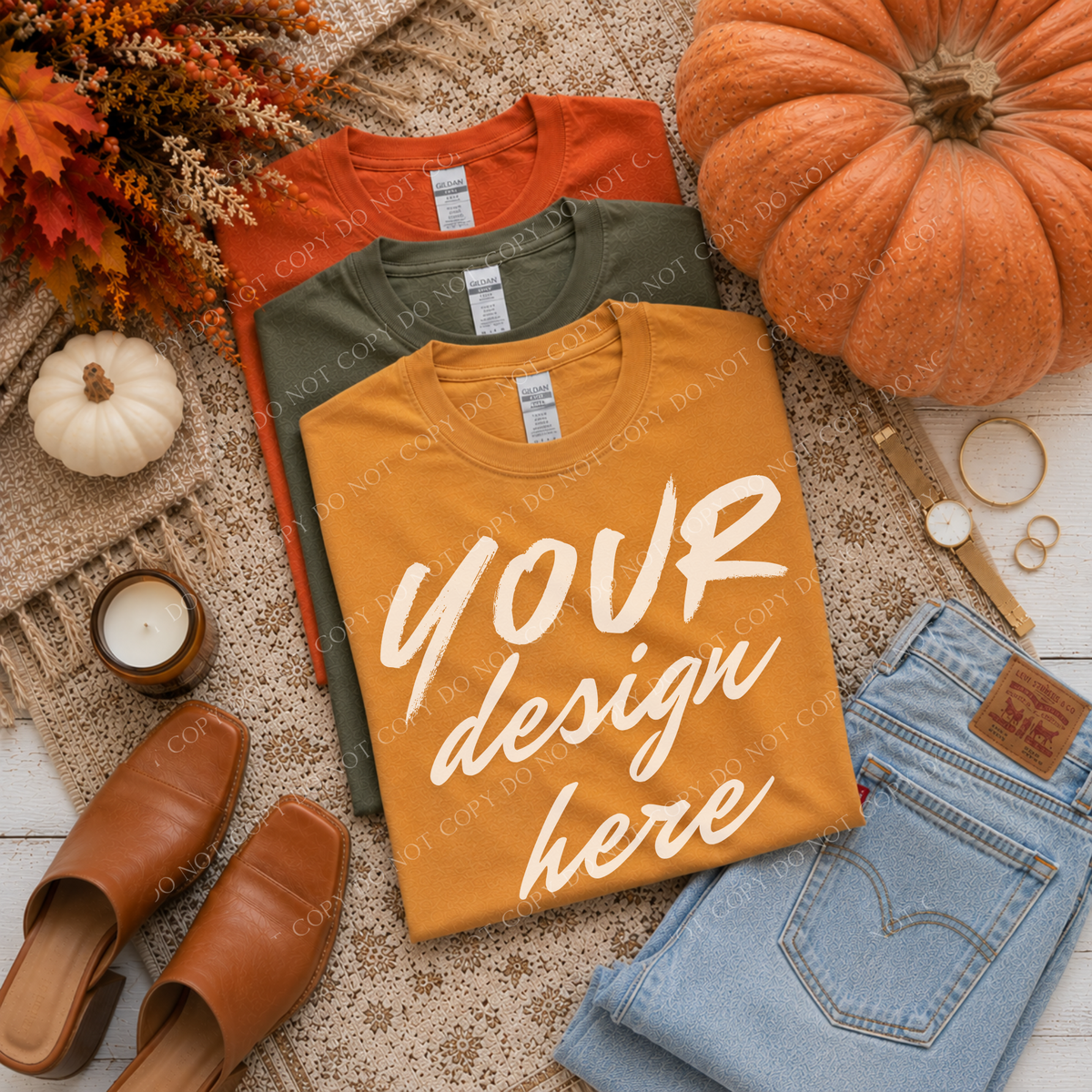 Fall Stacked Flatlay Mockup, Gildan G500 Gold, Military Green & Texas Orange