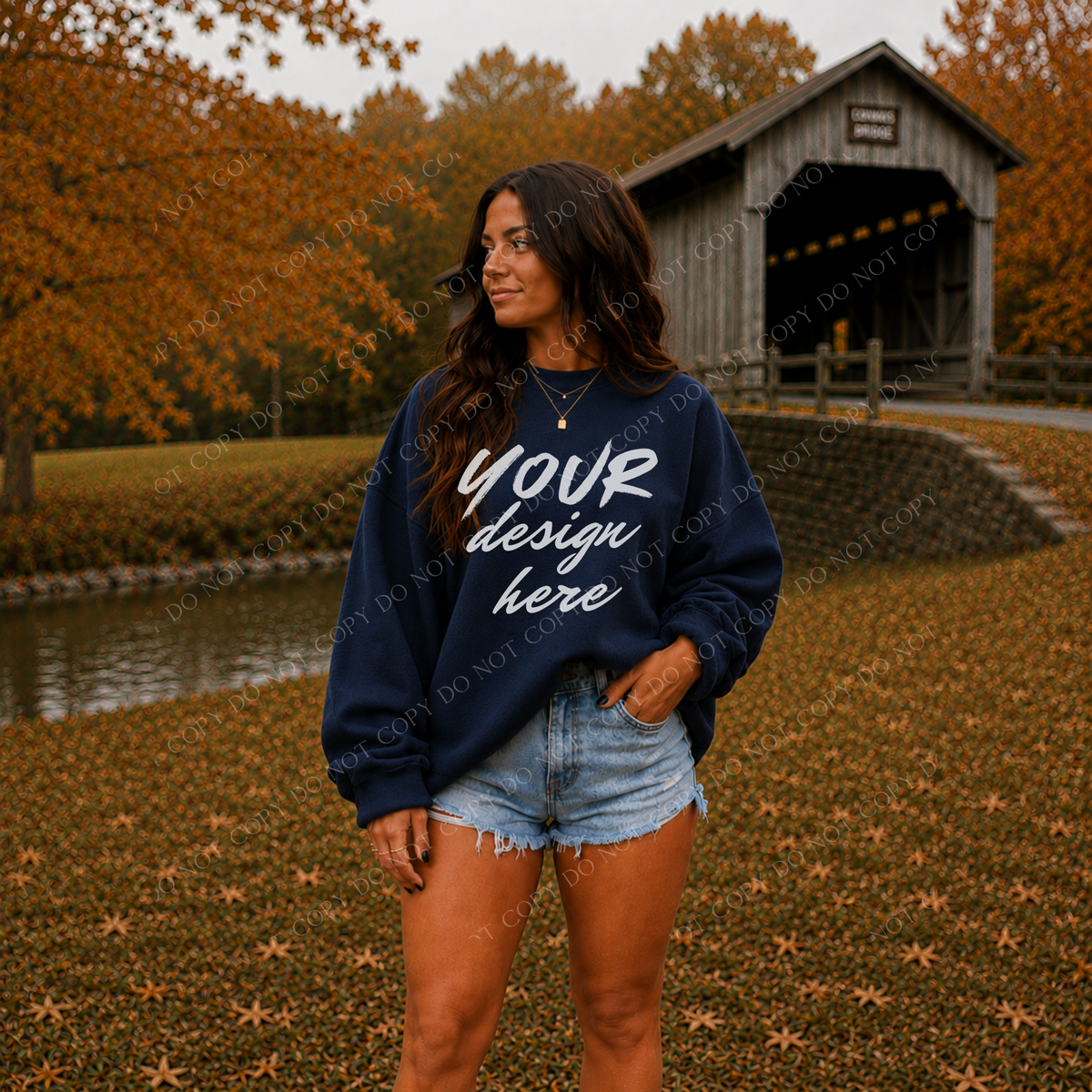 Fall Model Covered Bridge Sweatshirt Mockup, Gildan 18000 Navy