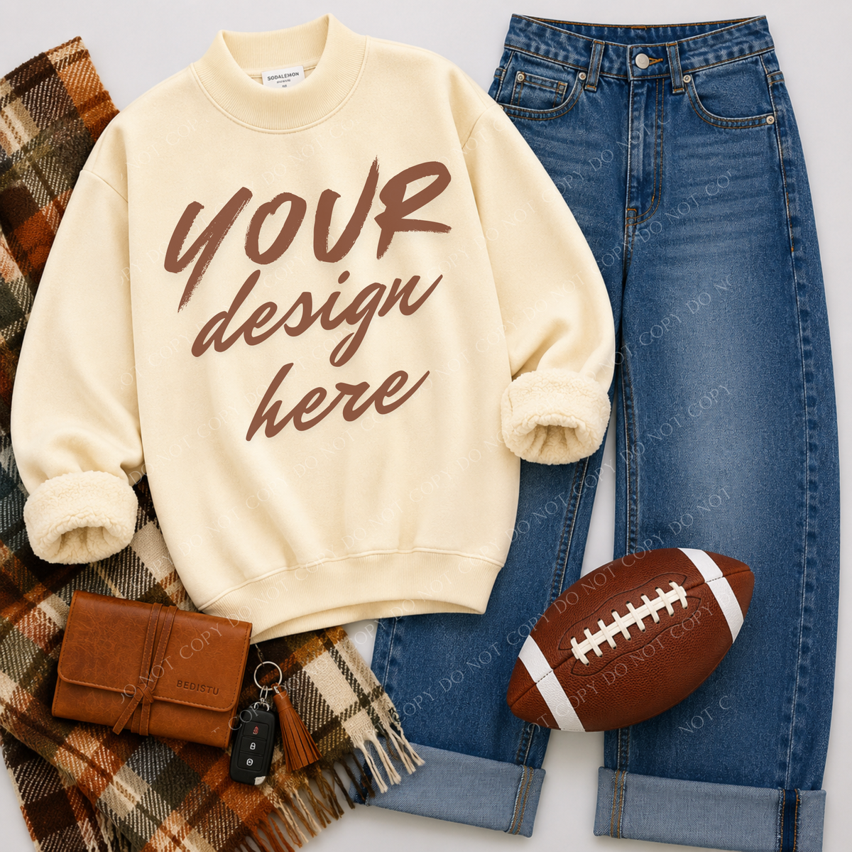 Mock Neck Sweatshirt Football Flatlay Mockup, Sodalemon PL-Y6316 Apricot