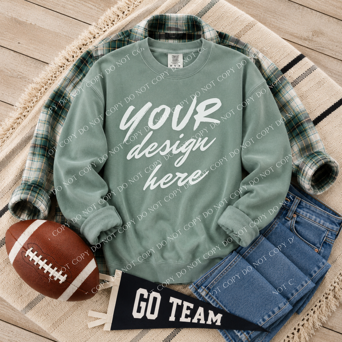 Football Blank Sweatshirt Mockup, Comfort Colors 1566 Light Green
