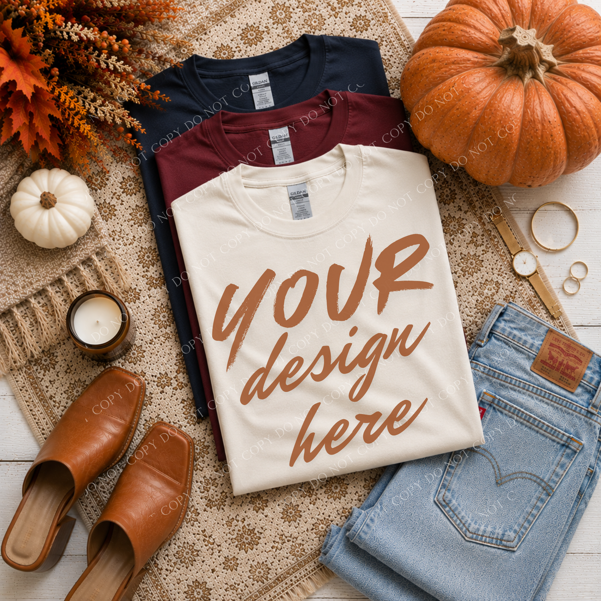 Fall Stacked Flatlay Mockup, Gildan G500 Off White, Garnet & Navy