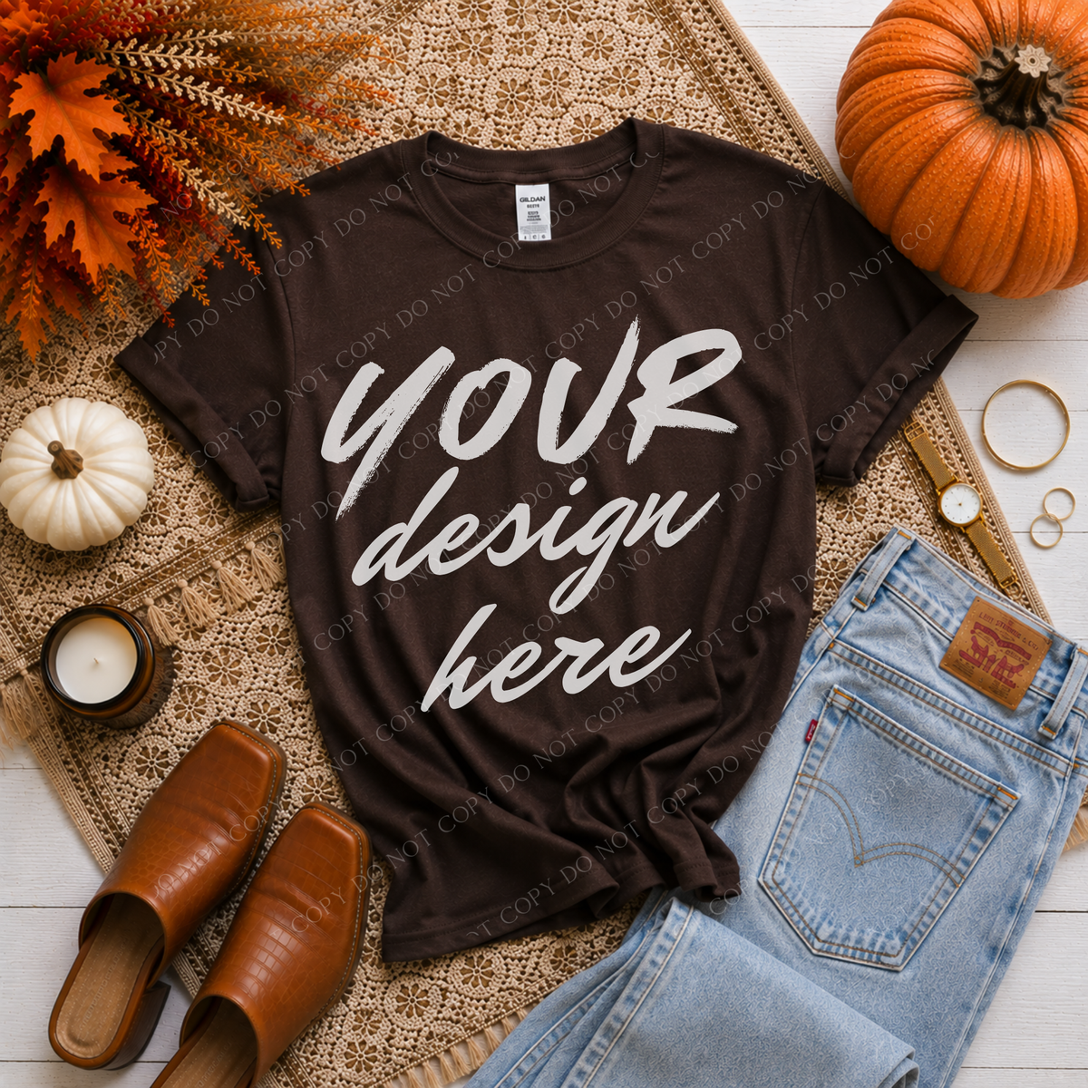 Fall Flatlay Mockup, Gildan G500 Dark Chocolate