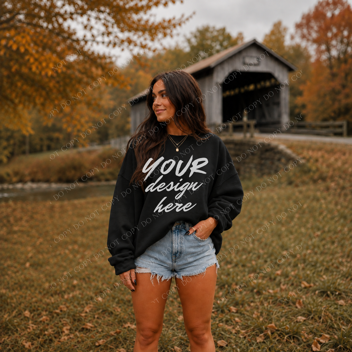Fall Model Covered Bridge Sweatshirt Mockup, Gildan 18000 Black