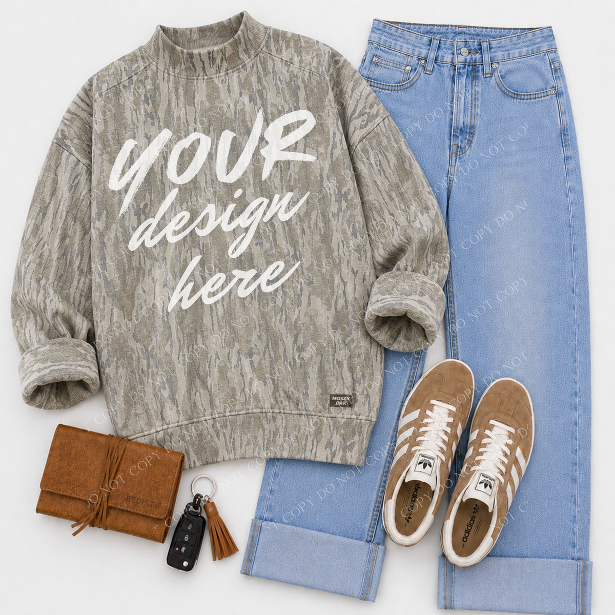 Sweatshirt Flatlay Mockup, Mossy Oak Bottomland Mock Neck