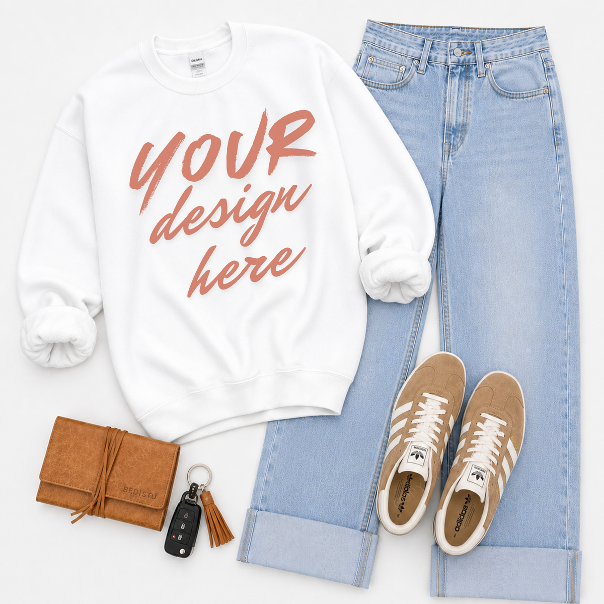 Sweatshirt Flatlay Mockup, Gildan 18000 White