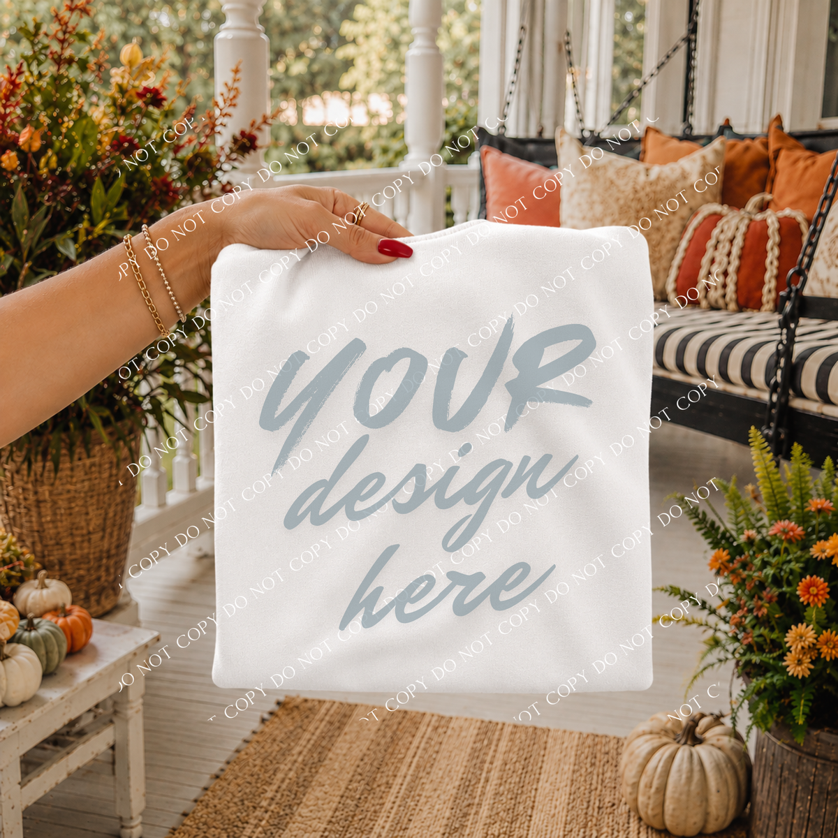 Fall Porch Blank Sweatshirt Mockup, Gildan 18000 White