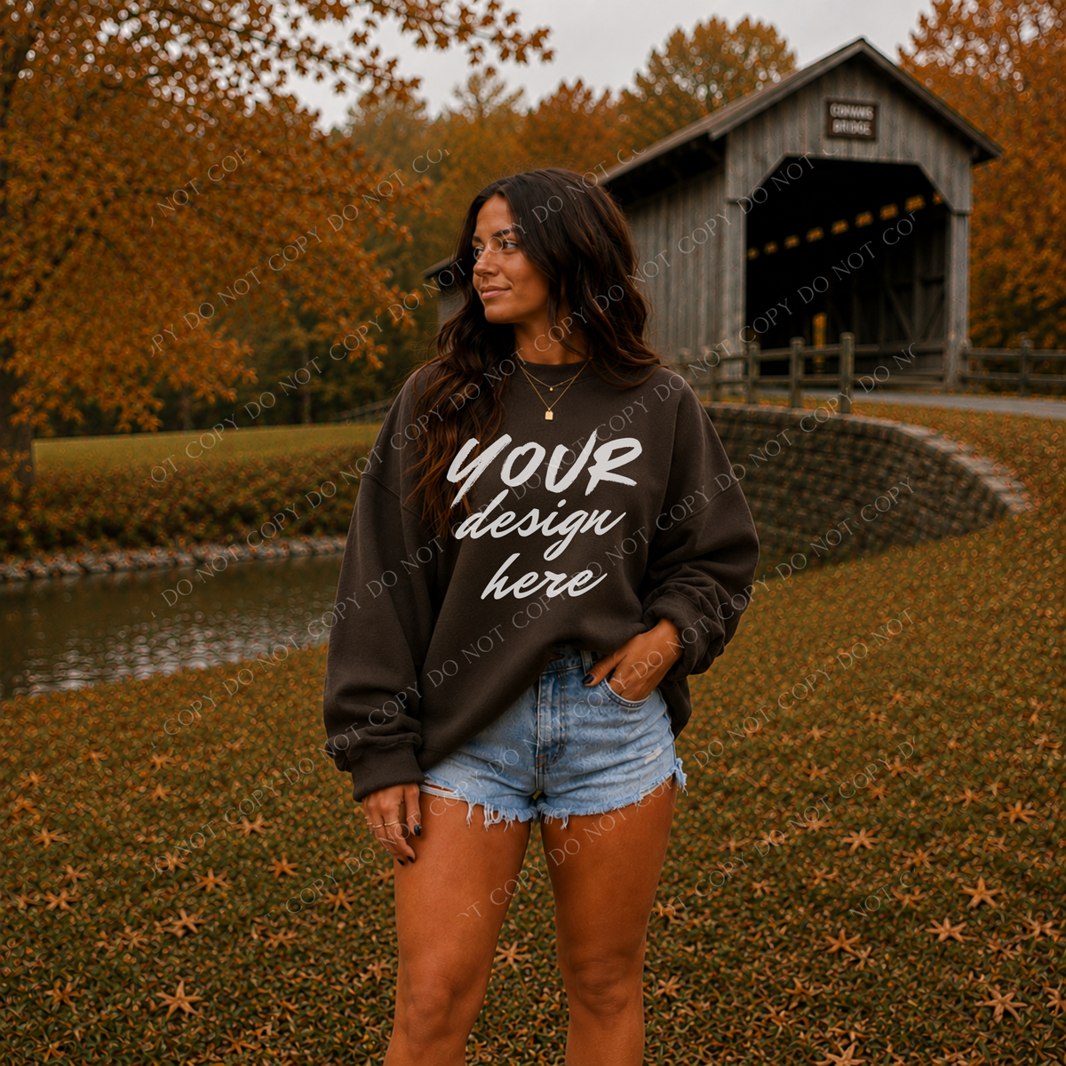 Fall Model Covered Bridge Sweatshirt Mockup, Gildan 18000 Dark Chocolate