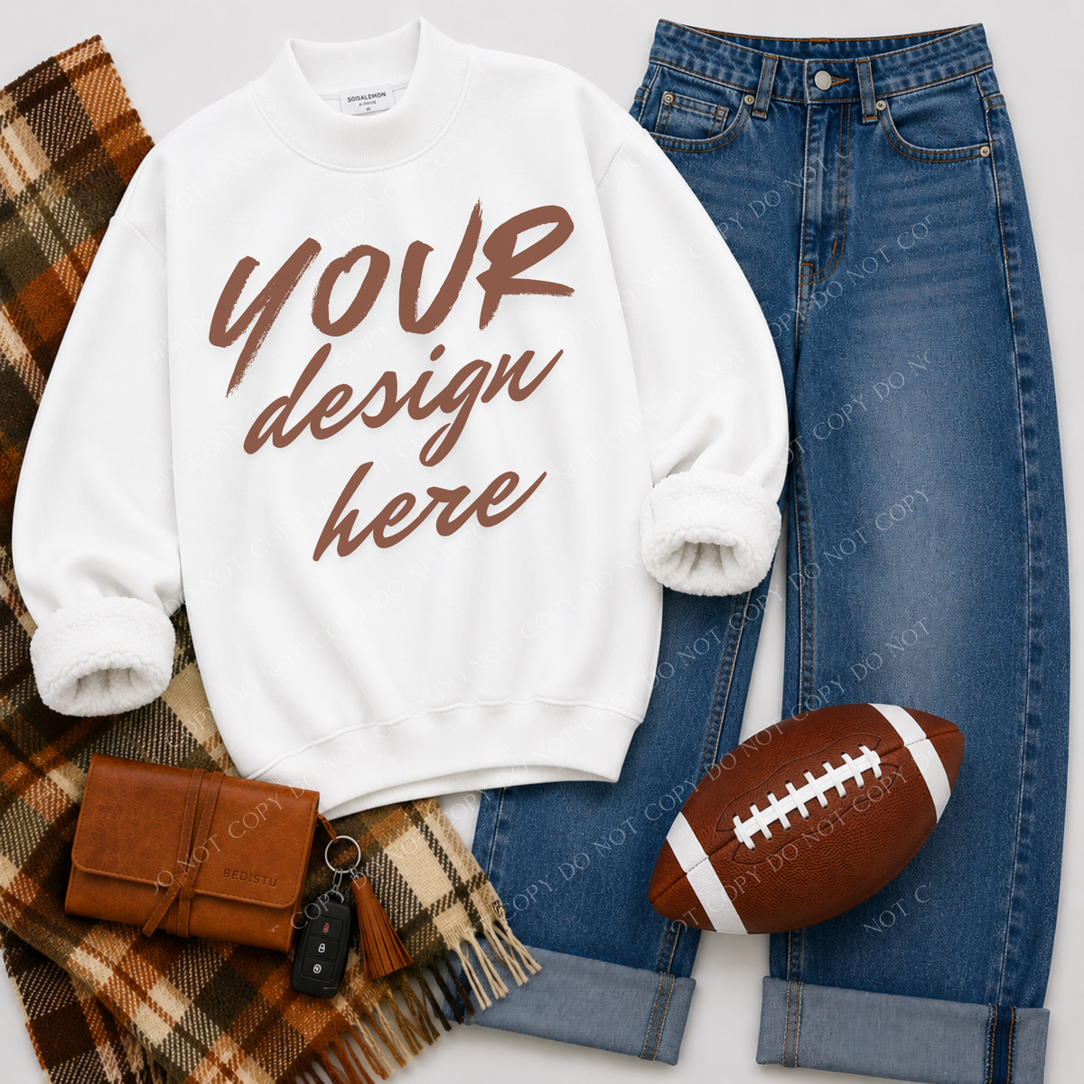 Mock Neck Sweatshirt Football Flatlay Mockup, Sodalemon PL-Y6316 White