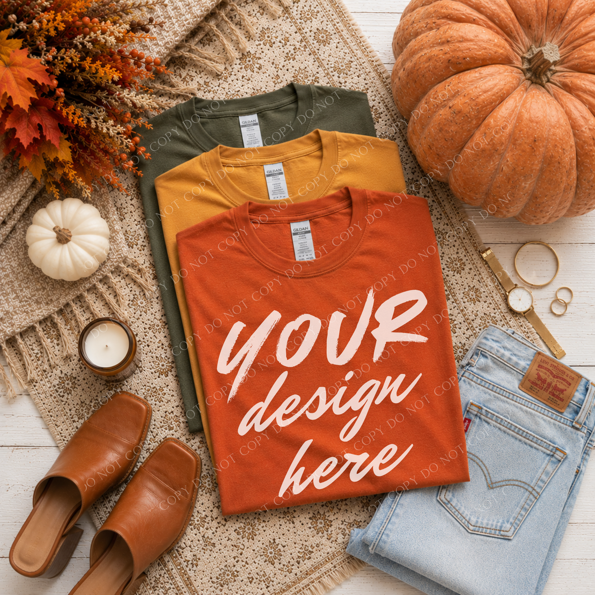 Fall Stacked Flatlay Mockup, Gildan G500 Texas Orange, Gold & Military Green