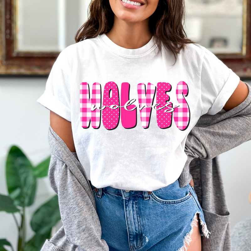 Wolves Gingham Dots Groovy Script in Pink & White Digital Design, PNG ...