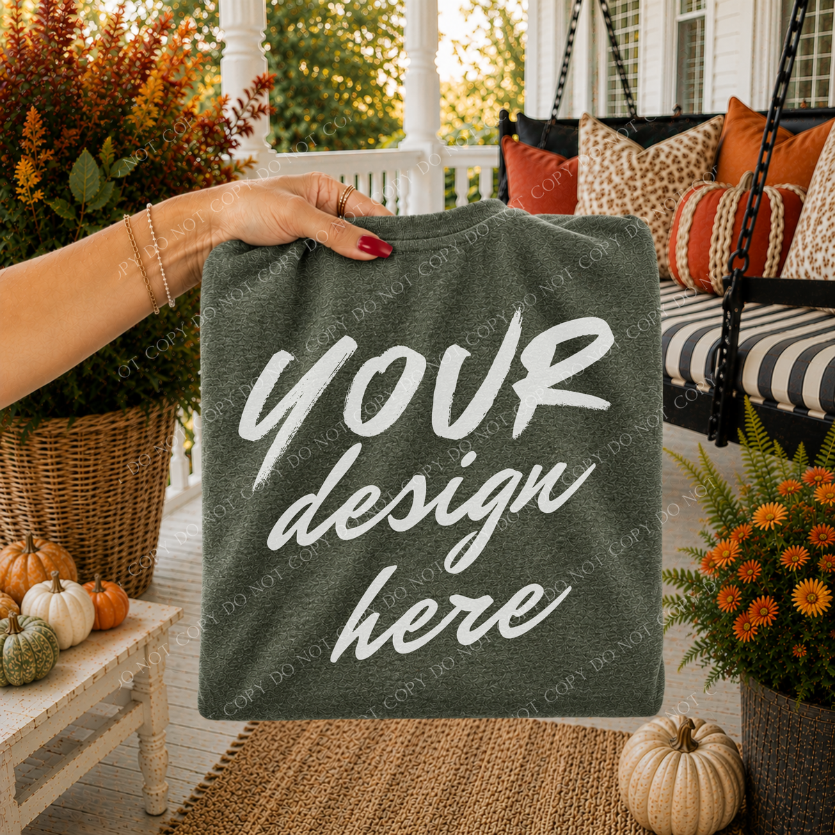 Fall Porch Blank Sweatshirt Mockup, Gildan 18000 Heather Sport Dark Green