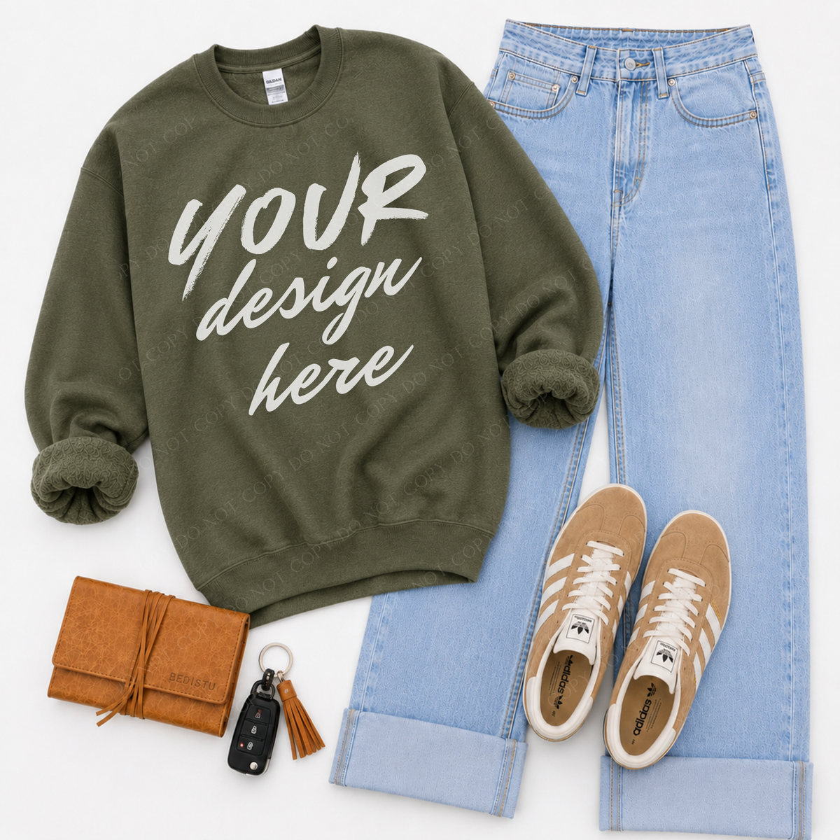 Sweatshirt Flatlay Mockup, Gildan 18000 Military Green
