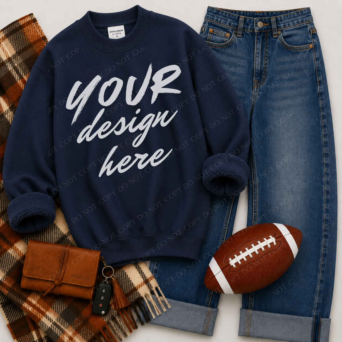 Mock Neck Sweatshirt Football Flatlay Mockup, Sodalemon PL-Y6316 Navy