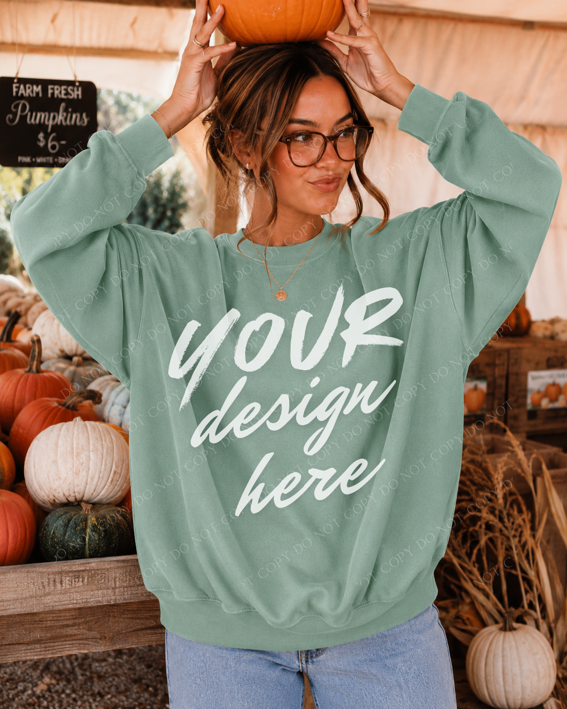 Fall Market Sweatshirt, Model Mockup, Comfort Colors 1566 Light Green