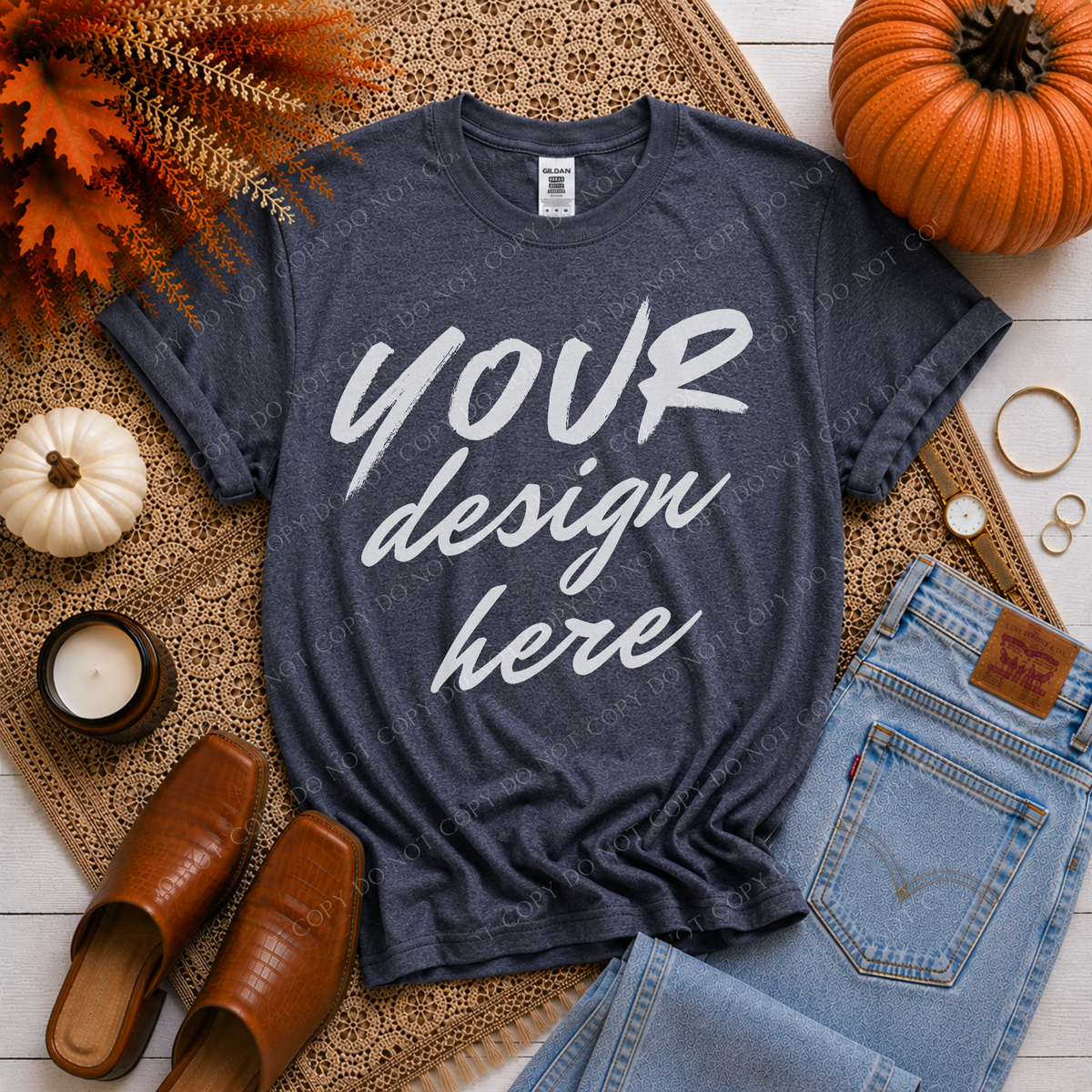 Fall Flatlay Mockup, Gildan G500 Heather Navy