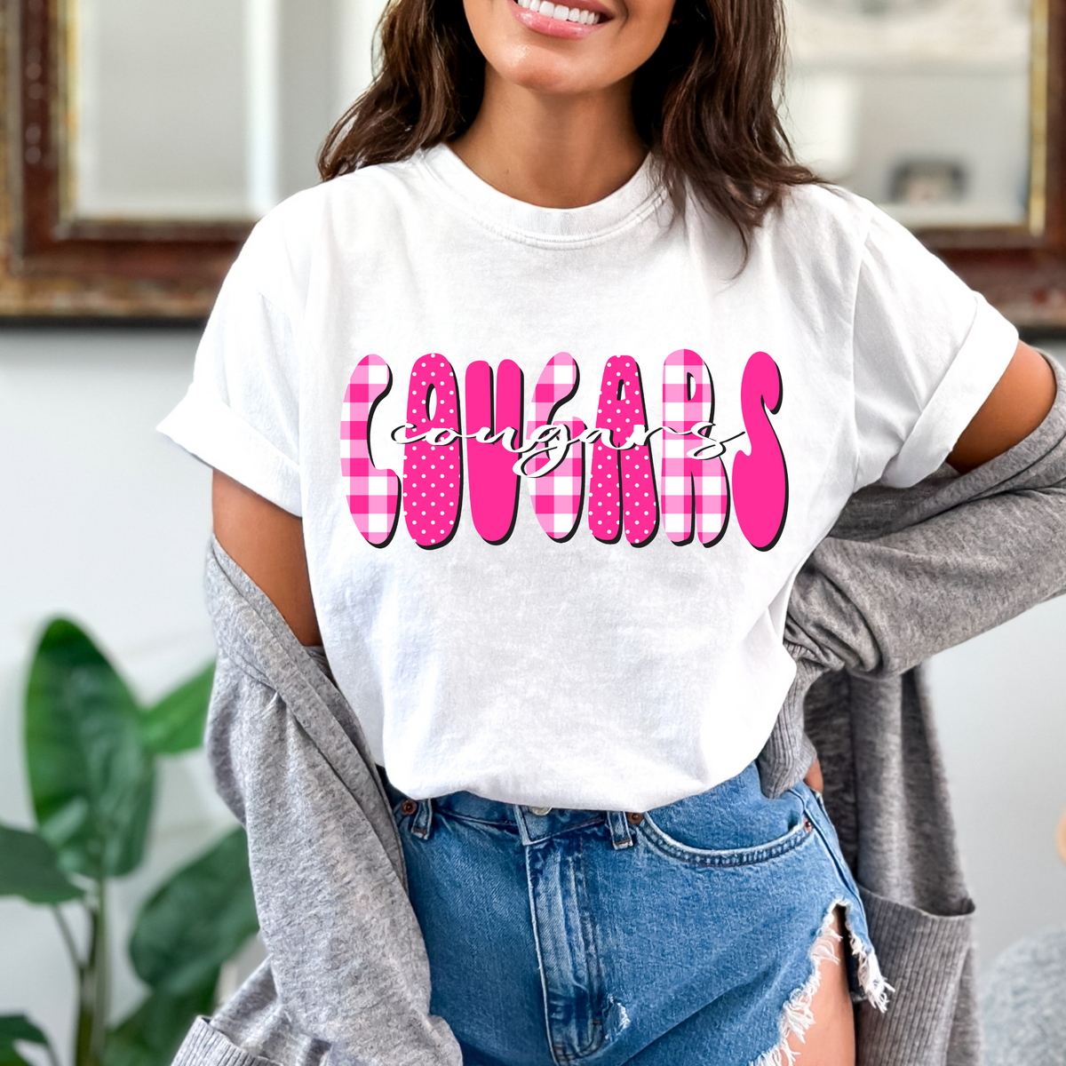 Cougars Gingham Dots Groovy Script in Pink & White Digital Design, PNG