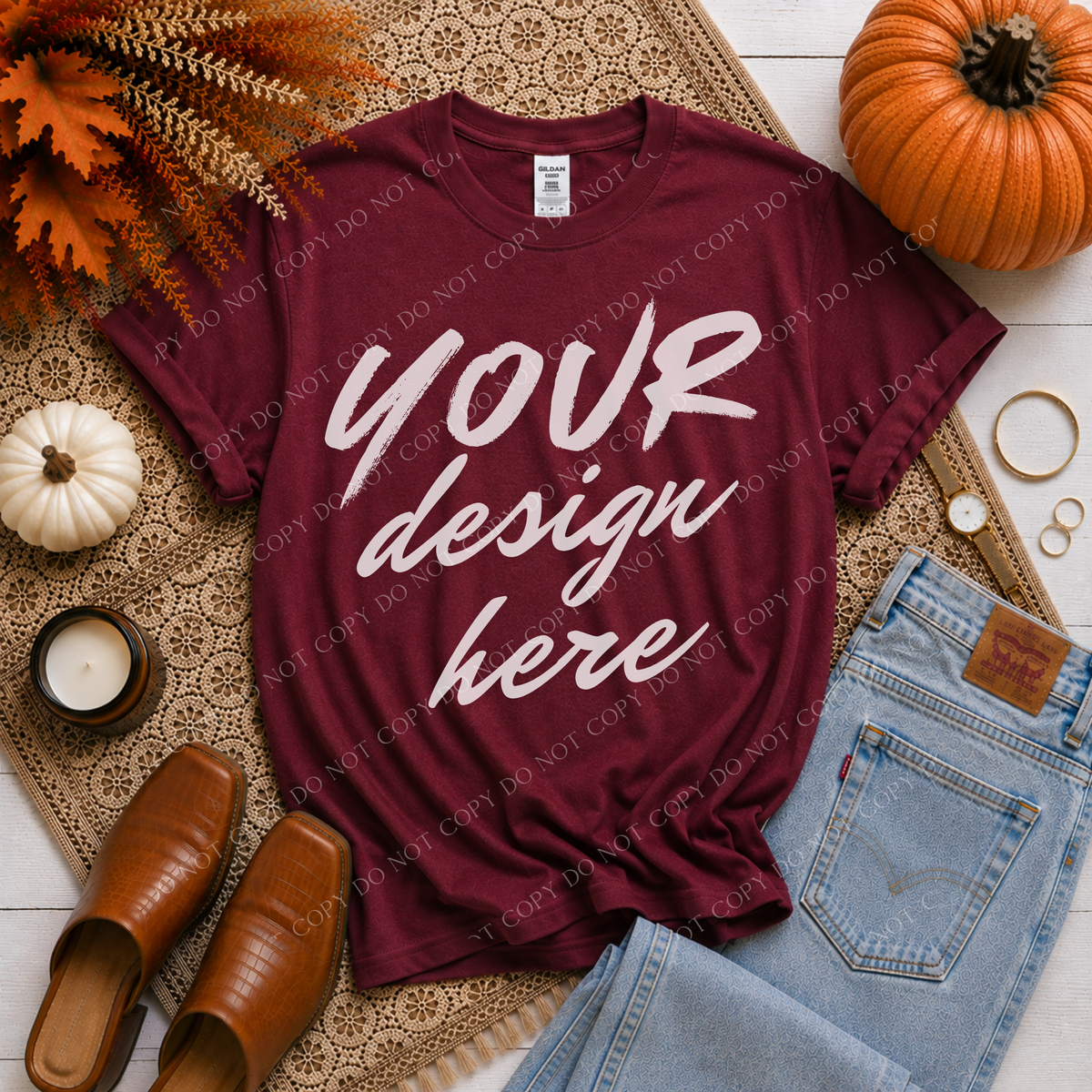 Fall Flatlay Mockup, Gildan G500 Garnet