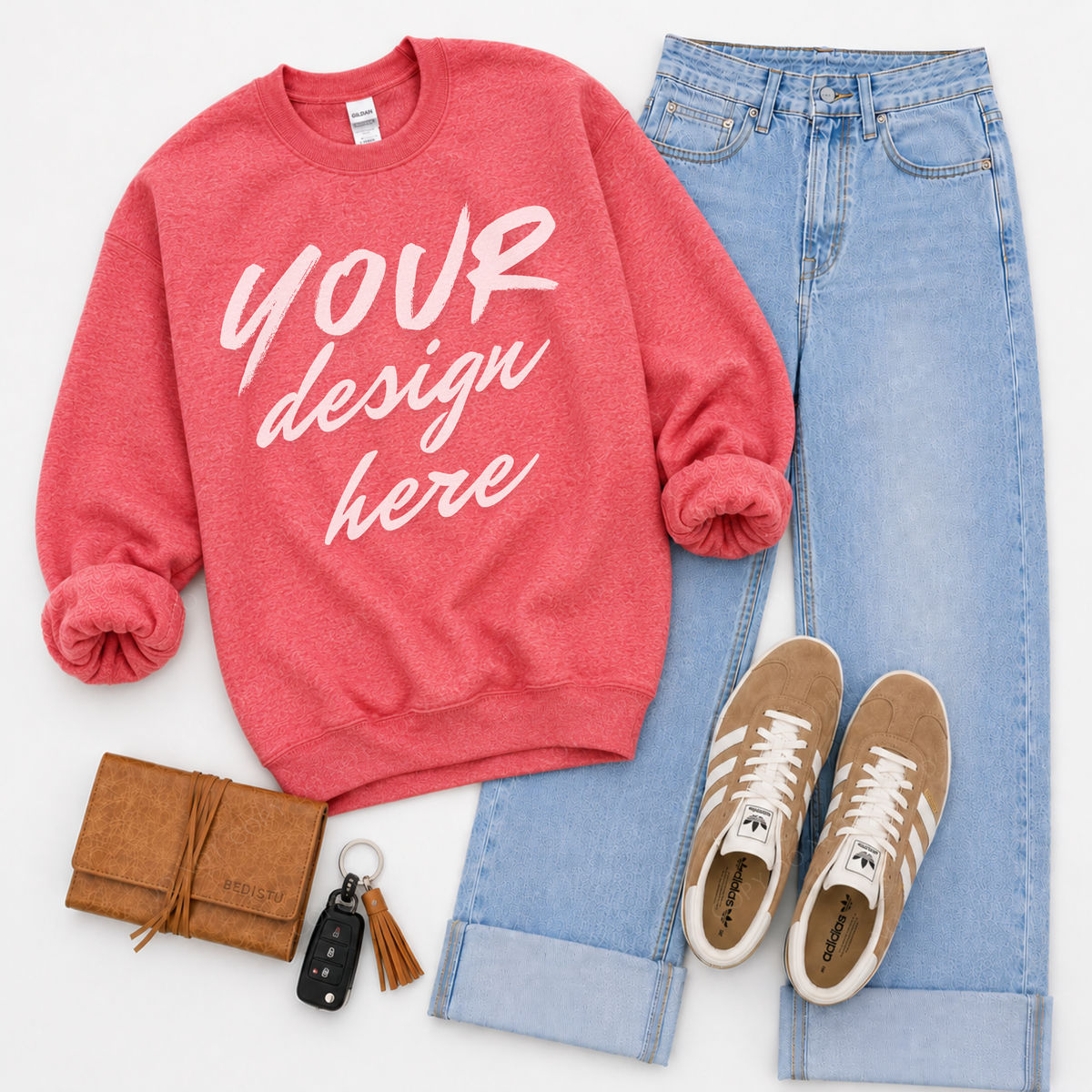 Sweatshirt Flatlay Mockup, Gildan 18000 Heather Sport Scarlet Red