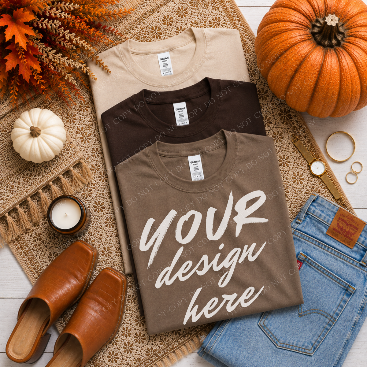 Fall Stacked Flatlay Mockup, Gildan G500 Brown Savana, Dark Chocolate & Sand