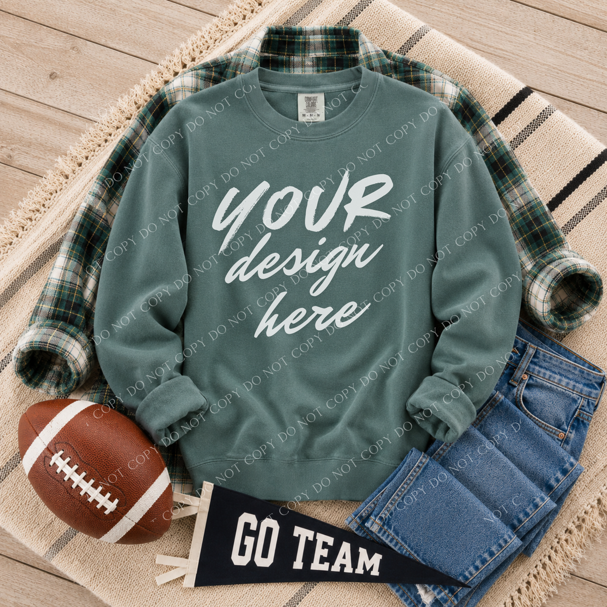 Football Blank Sweatshirt Mockup, Comfort Colors 1566 Blue Spruce
