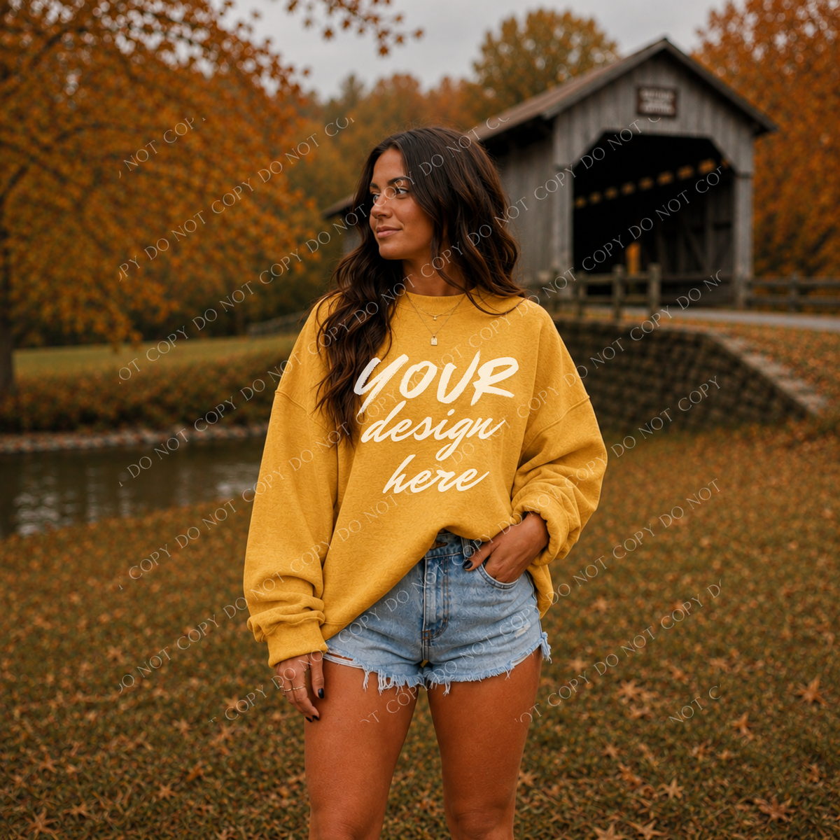 Fall Model Covered Bridge Sweatshirt Mockup, Gildan 18000 Gold