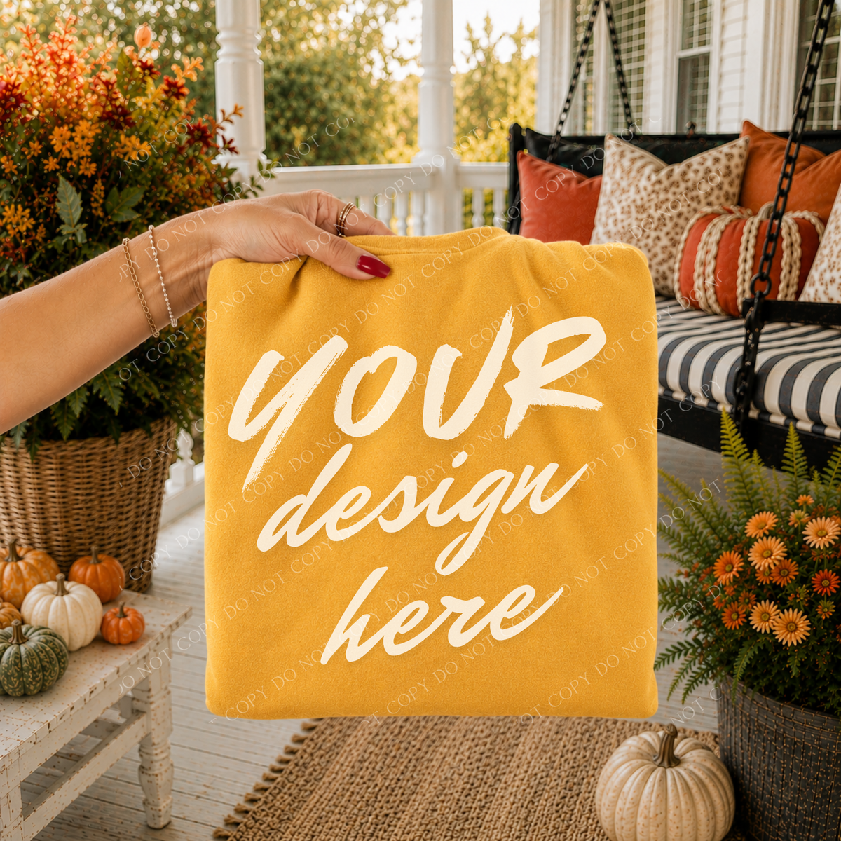 Fall Porch Blank Sweatshirt Mockup, Gildan 18000 Gold