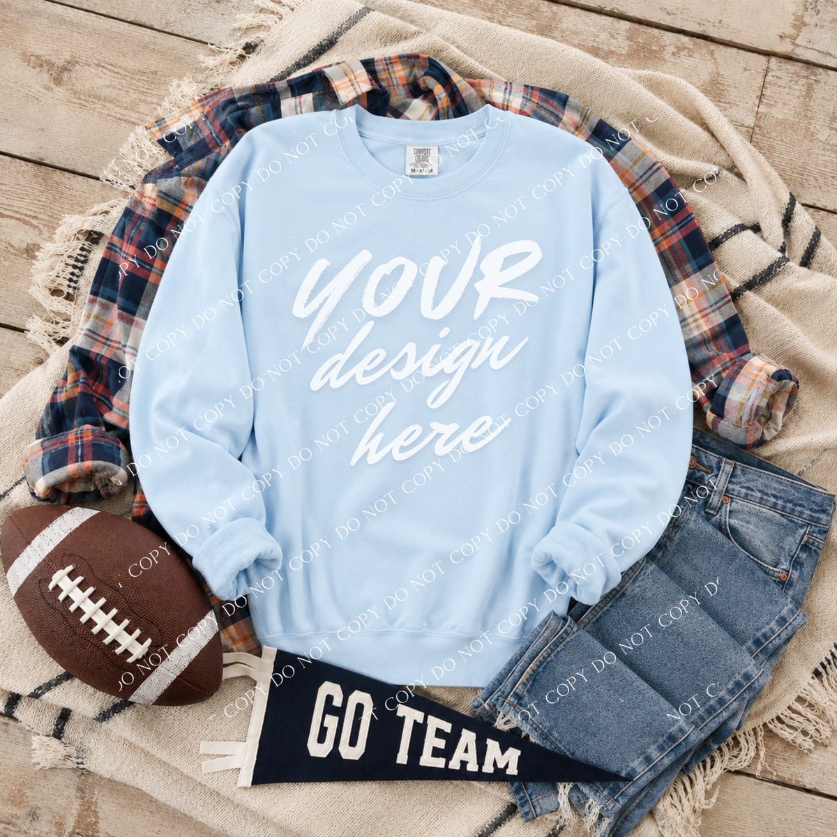 Football Blank Sweatshirt Mockup, Comfort Colors 1566 Chambray