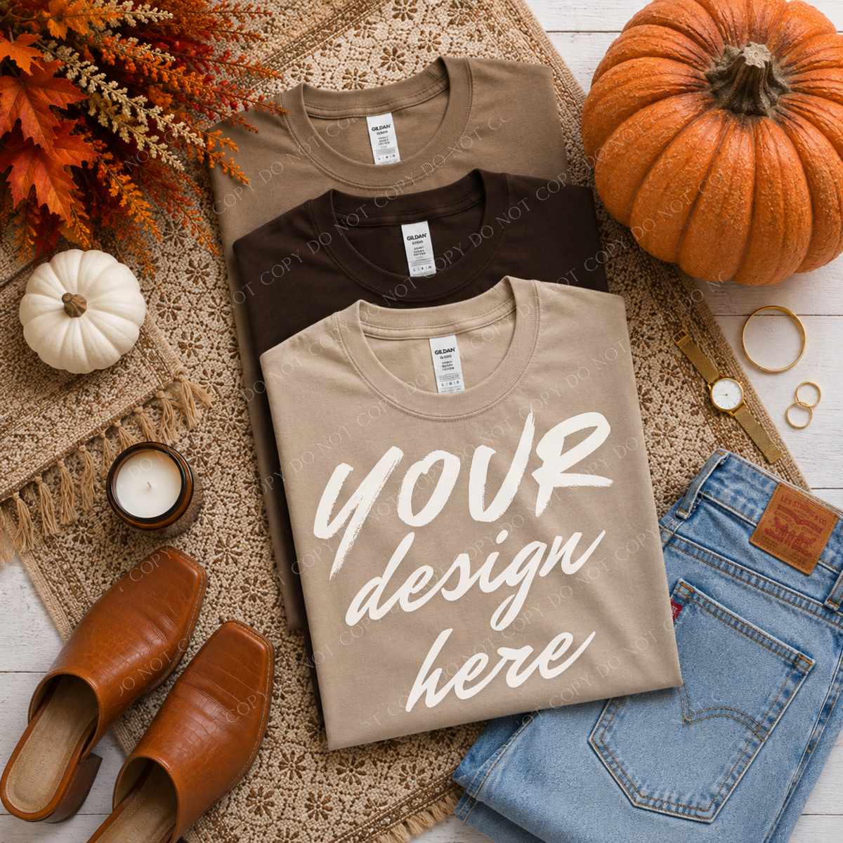 Fall Stacked Flatlay Mockup, Gildan G500 Sand, Dark Chocolate & Brown Savana