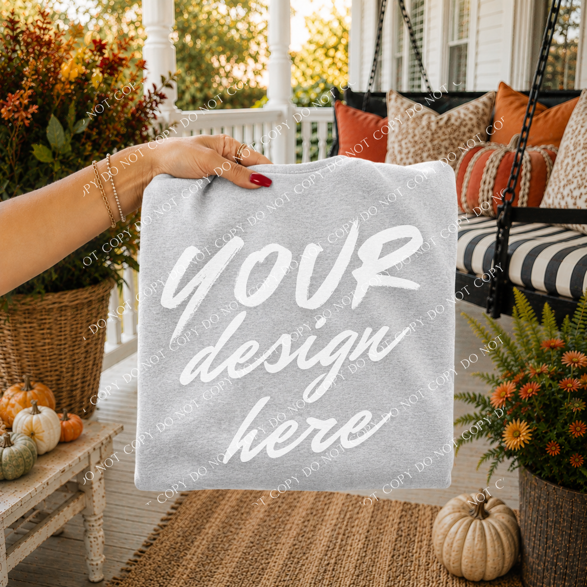 Fall Porch Blank Sweatshirt Mockup, Gildan 18000 Ash