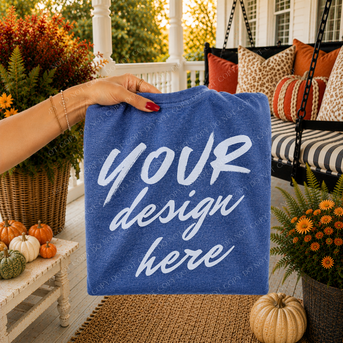 Fall Porch Blank Sweatshirt Mockup, Gildan 18000 Heather Deep Royal