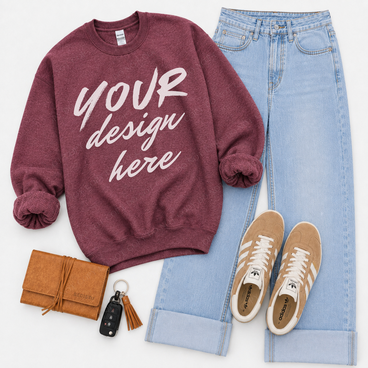 Sweatshirt Flatlay Mockup, Gildan 18000 Heather Sport Dark Maroon