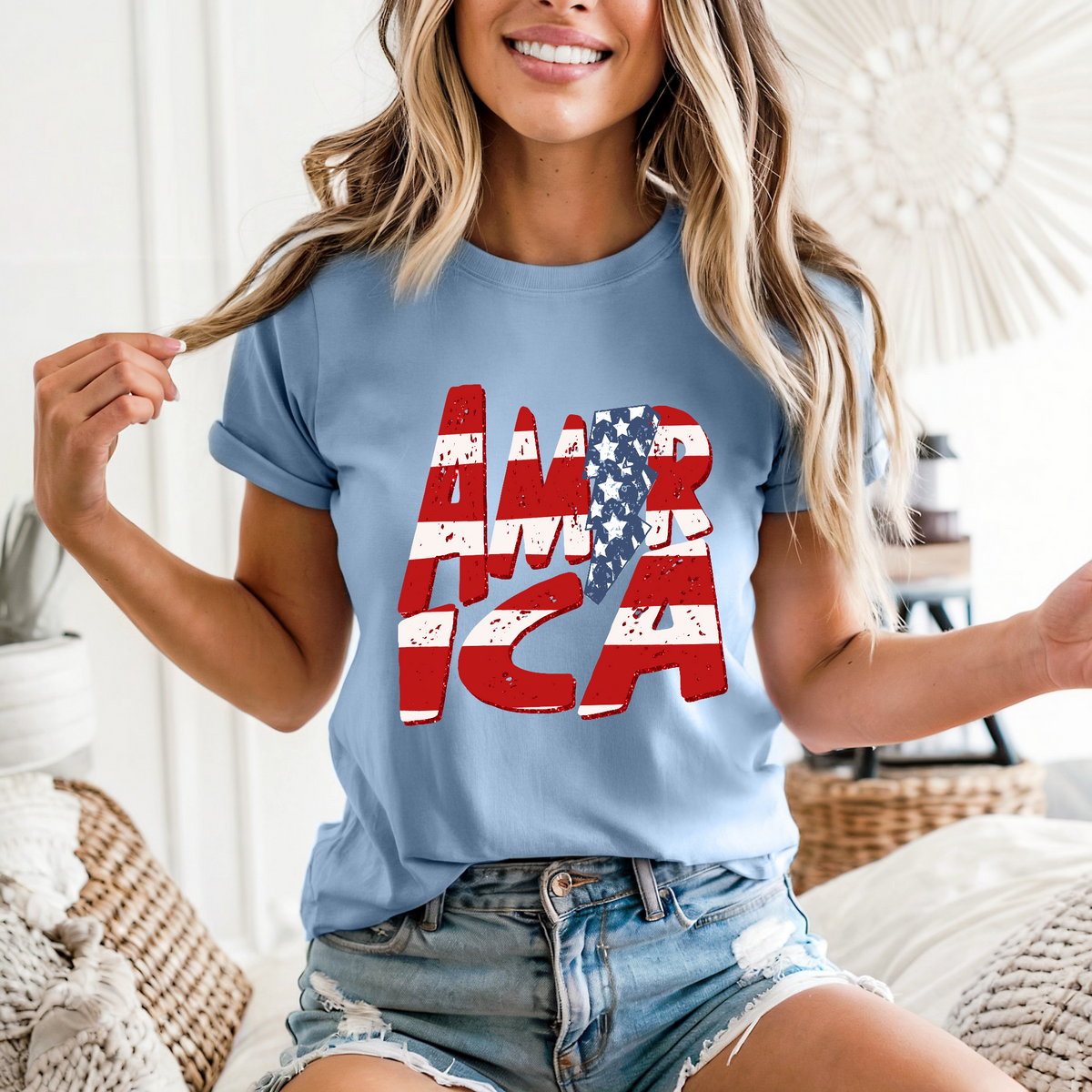 America Stripes, Stars & Lightning Bolt in Red, White & Blue Patriotic Digital Design, PNG