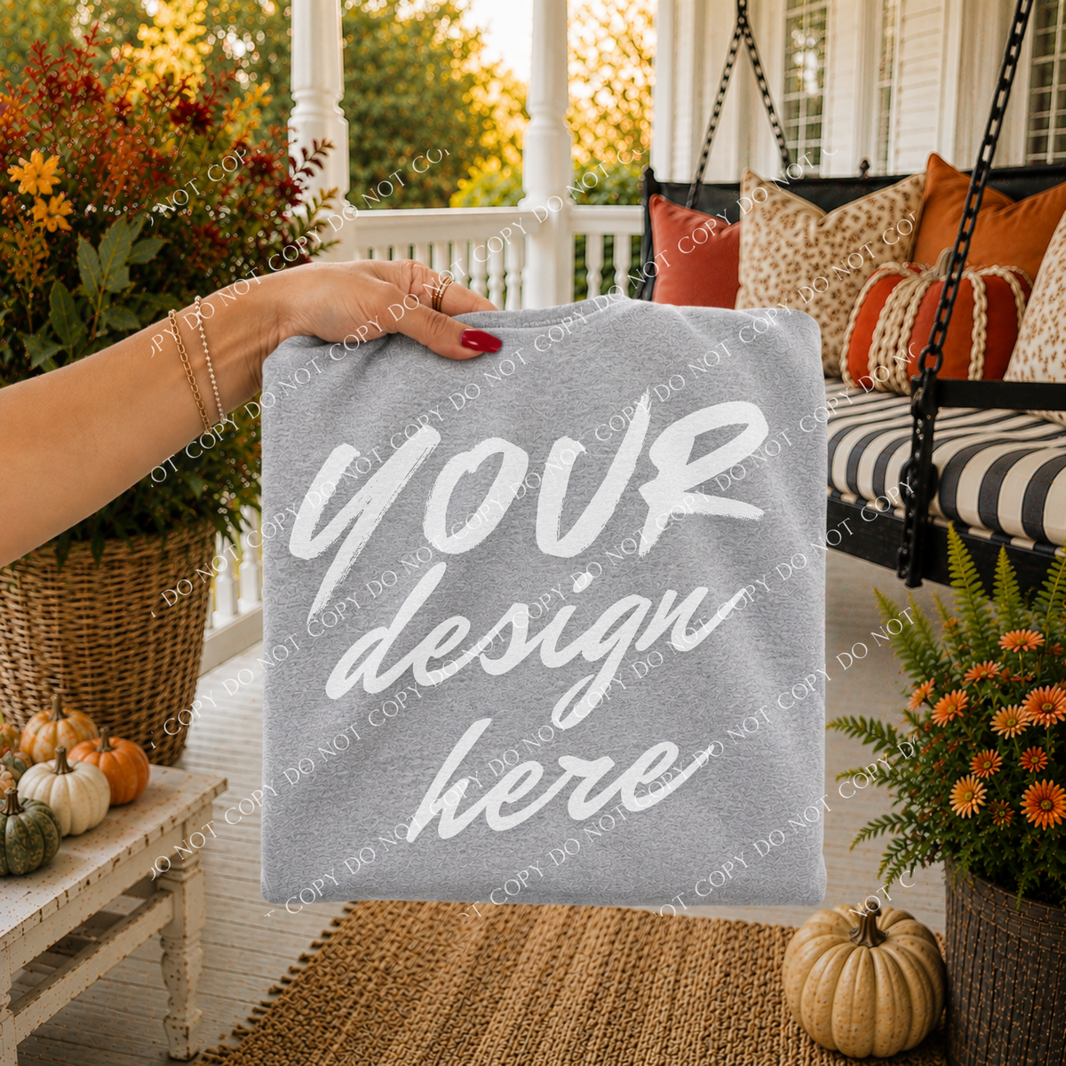 Fall Porch Blank Sweatshirt Mockup, Gildan 18000 Sport Gray
