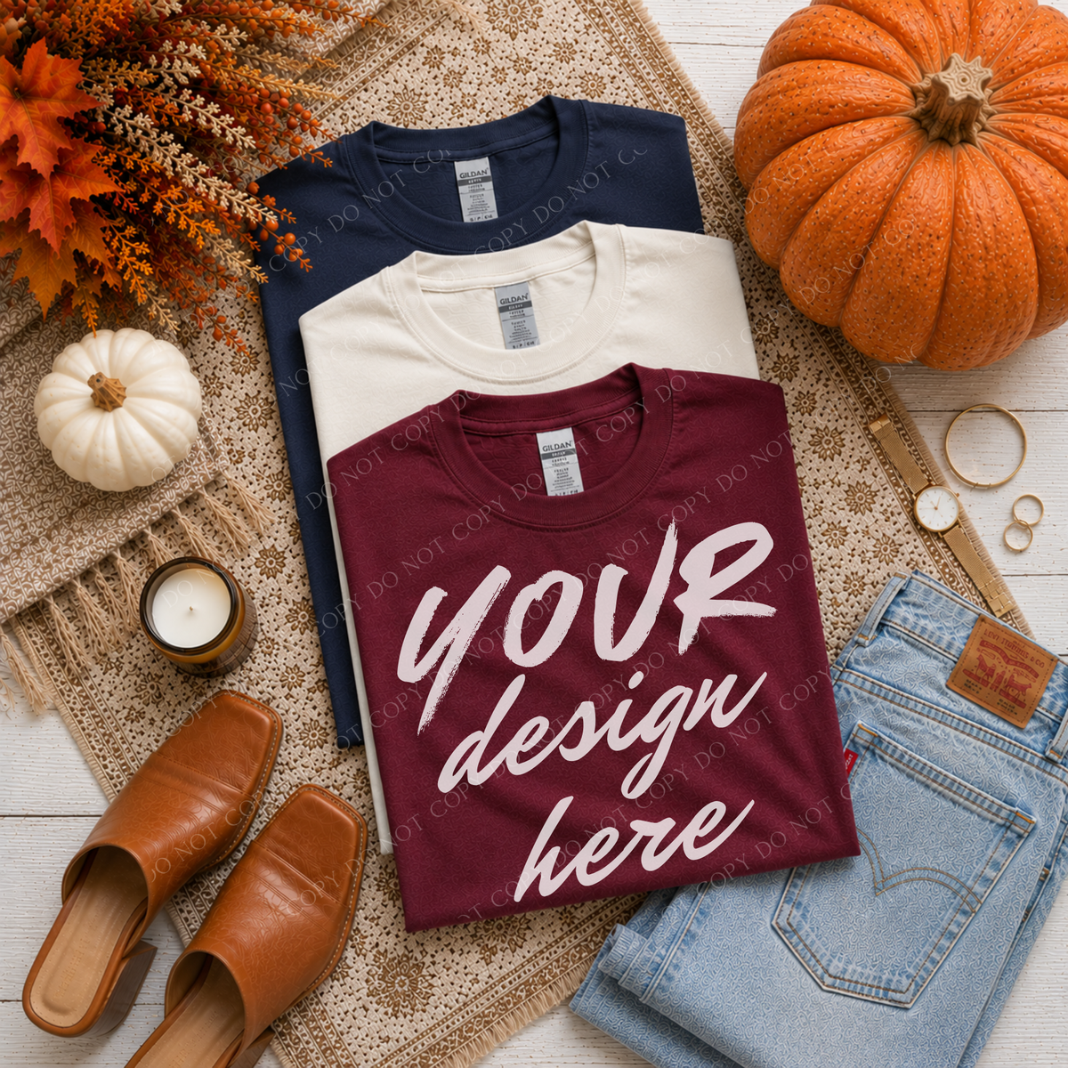 Fall Stacked Flatlay Mockup, Gildan G500 Garnet, Off White & Navy