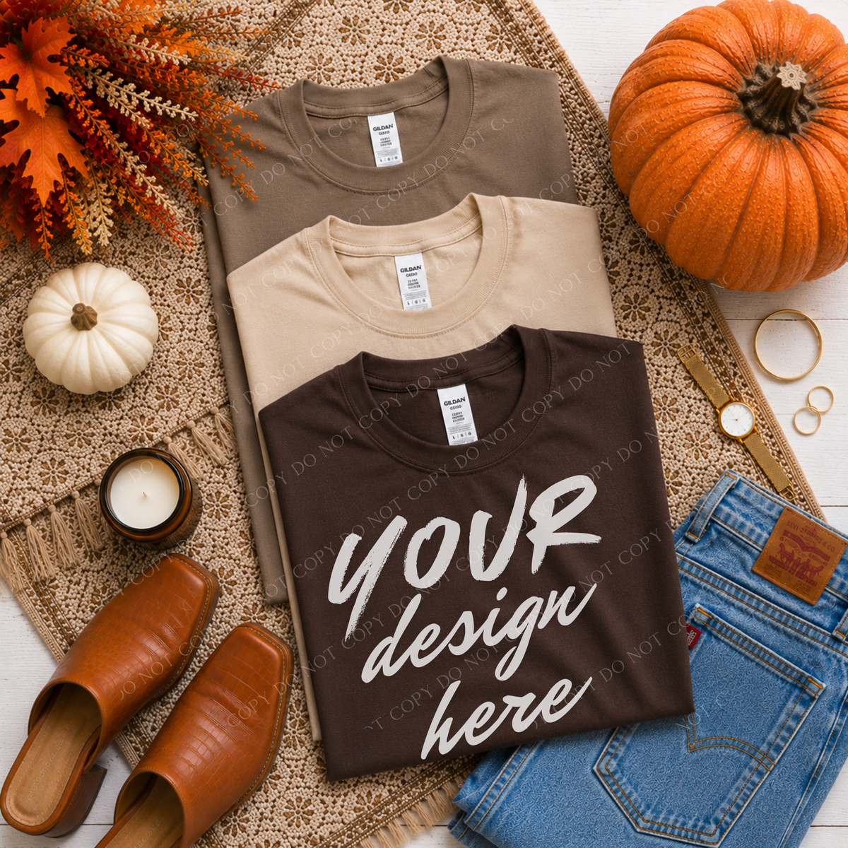 Fall Stacked Flatlay Mockup, Gildan G500 Dark Chocolate, Sand & Brown Savana