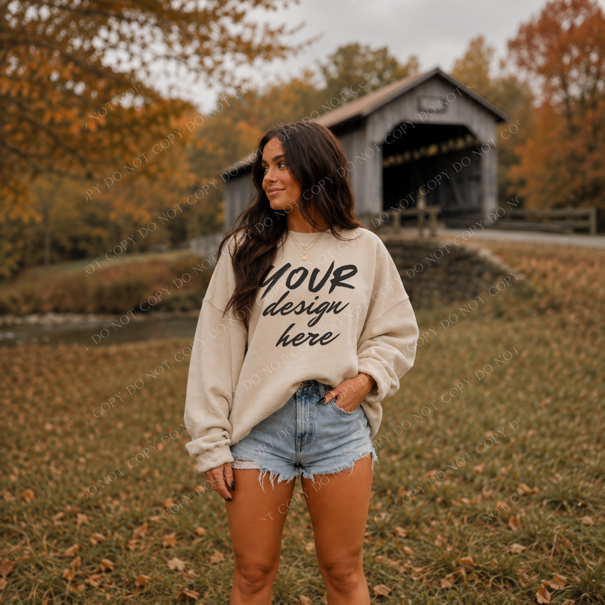 Fall Model Covered Bridge Sweatshirt Mockup, Gildan 18000 Sand