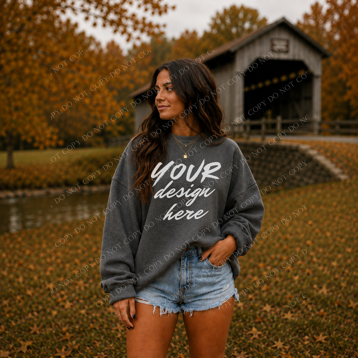 Fall Model Covered Bridge Sweatshirt Mockup, Gildan 18000 Fan Charcoal Heather