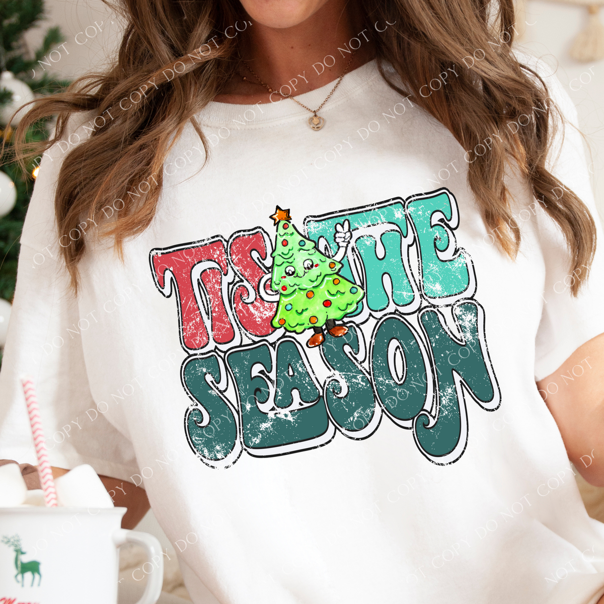 Tis the Season Distressed Groovy Shadow Greens & Red Cute Fun Tree Christmas PNG, Digital Download