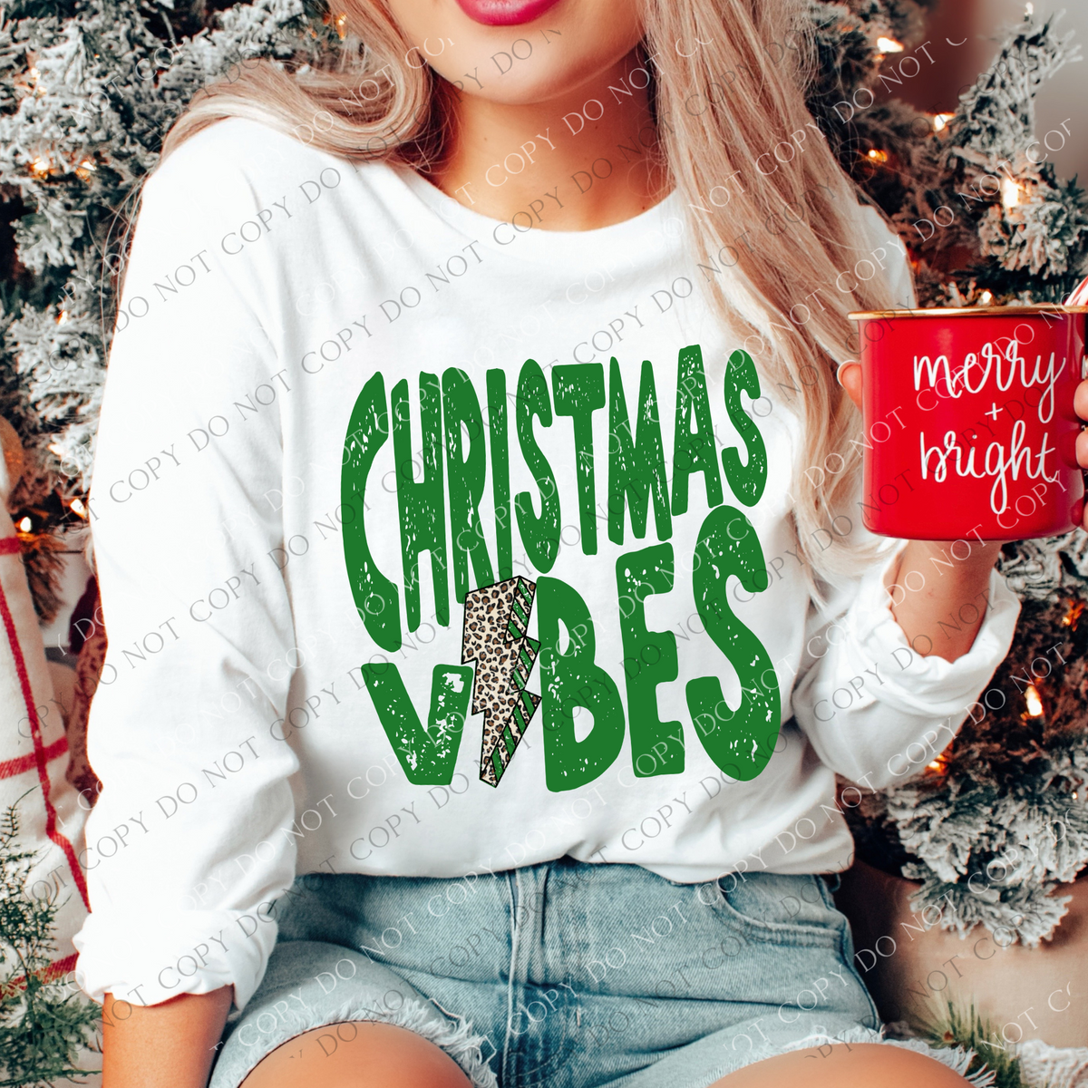 Christmas Vibes Distressed Green Leopard Lightning Bolt Digital Download, PNG