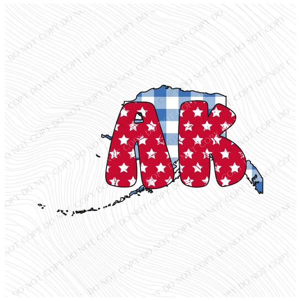 AK Alaska Gingham Stars Red White Blue Digital Design, PNG