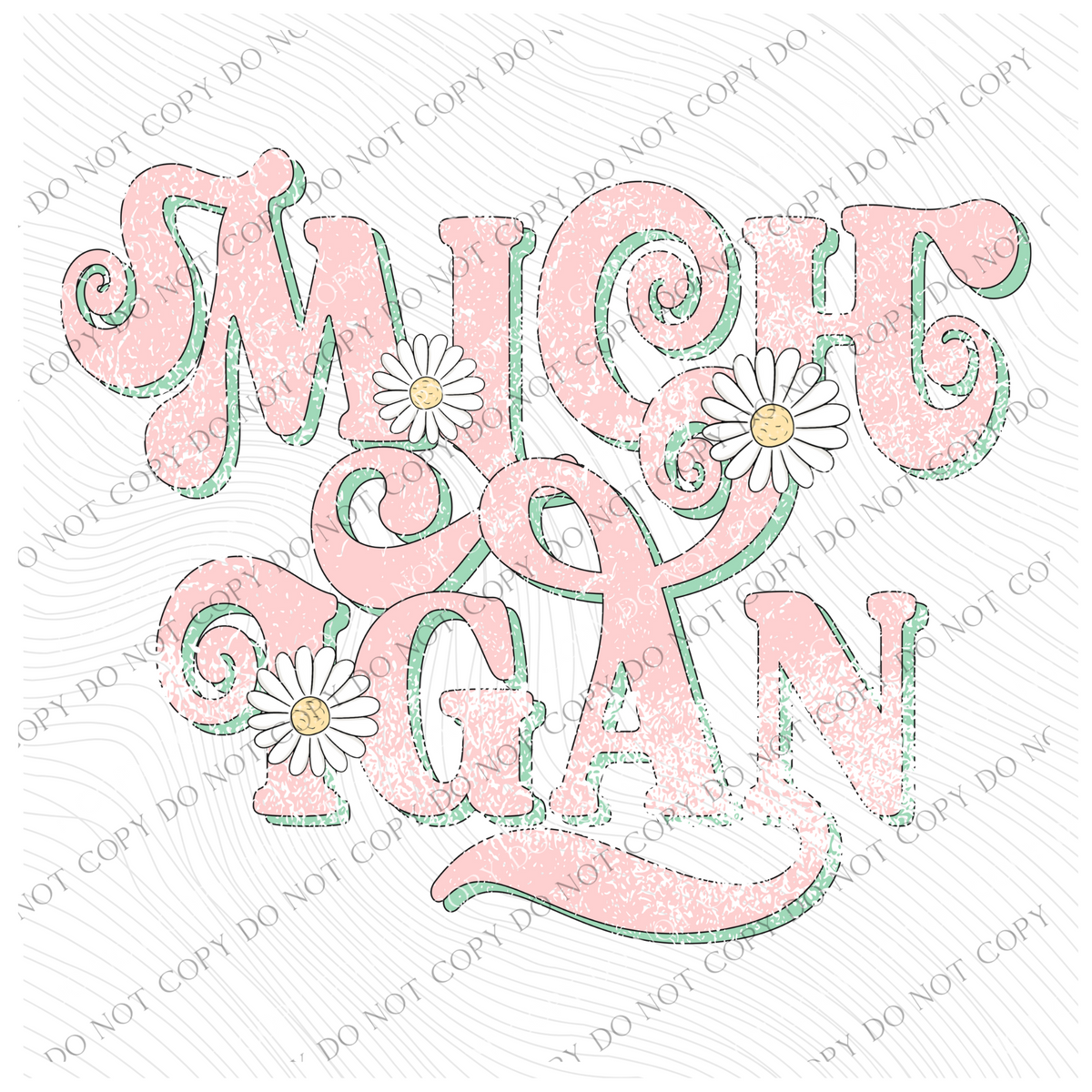 Michigan Retro Swirl Daisies Distressed Pink & Green Spring & Summer Digital Design, PNG