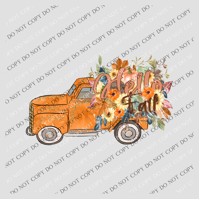 Hello Fall Pumpkin Floral Glitter Detail Truck Digital Design, PNG