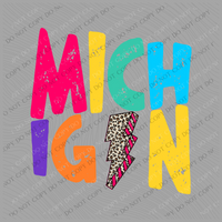 Michigan Colorful Distressed Leopard Lightning Bolt Digital Design, PNG