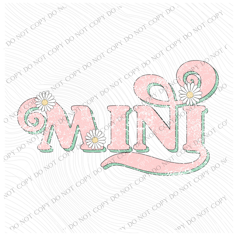 Mini Retro Swirl Daisies Distressed Pink & Green Spring and Summer Digital Design, PNG