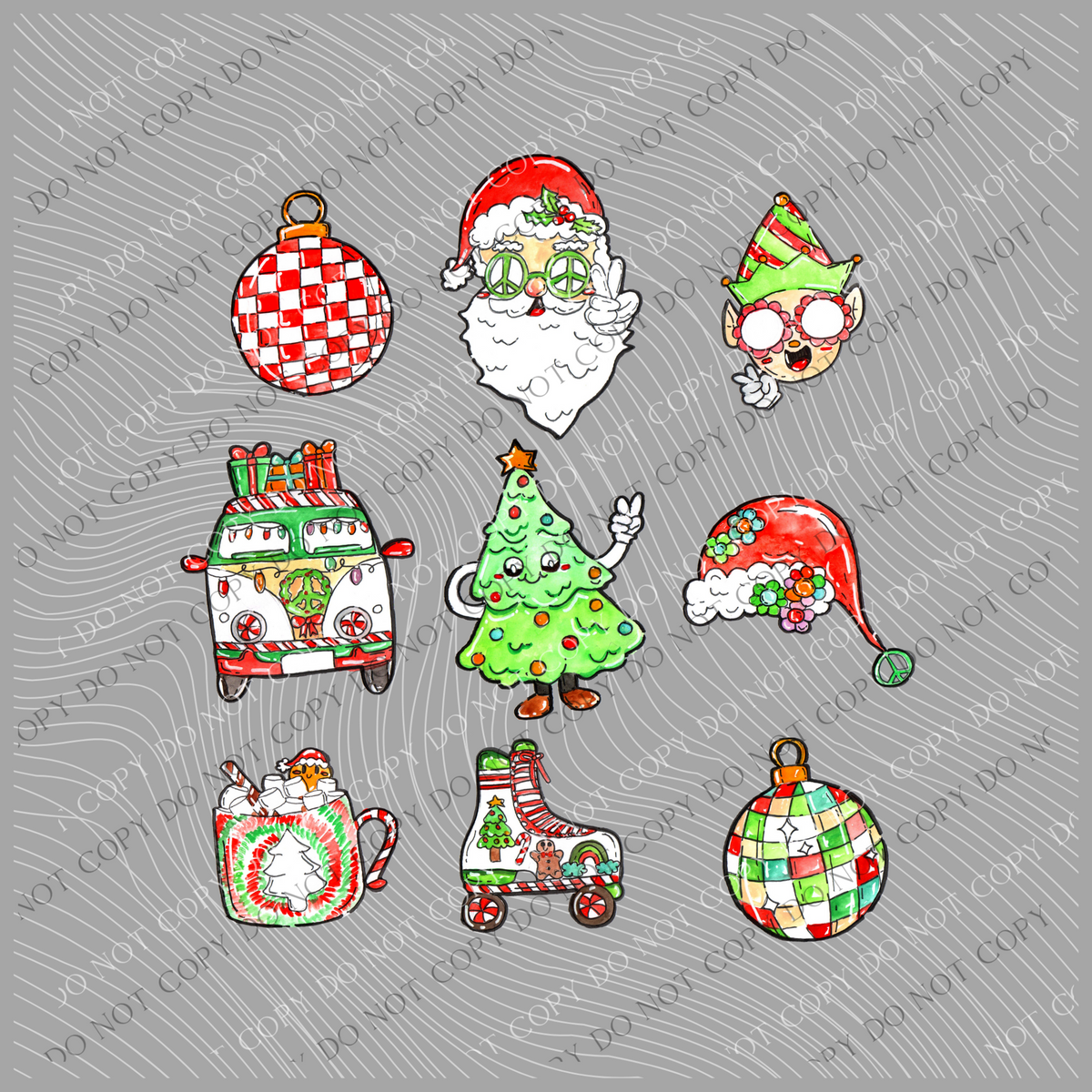 Groovy Christmas Favorites Santa Elf Tree Characters Digital Download, PNG