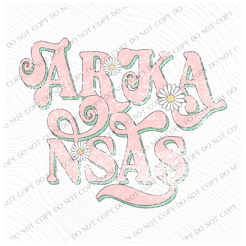 Arkansas Retro Swirl Daisies Distressed Pink & Green Spring & Summer Digital Design, PNG