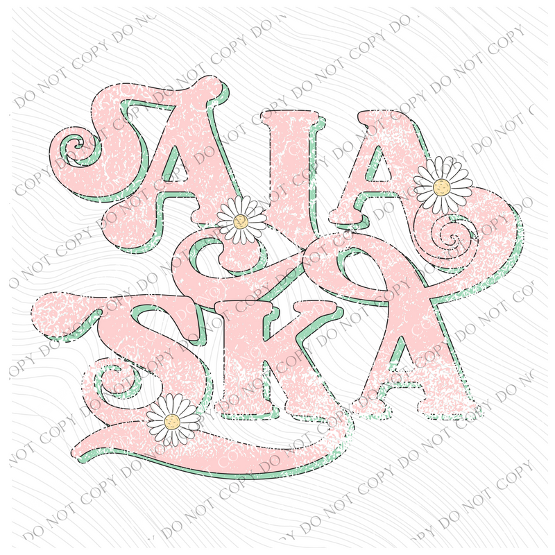 Alaska Retro Swirl Daisies Distressed Pink & Green Spring & Summer Digital Design, PNG