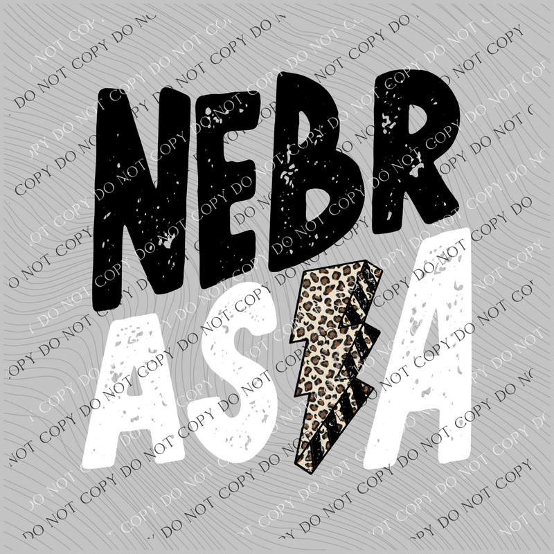 Nebraska Black/White Distressed Leopard Lightning Bolt Digital Design, PNG