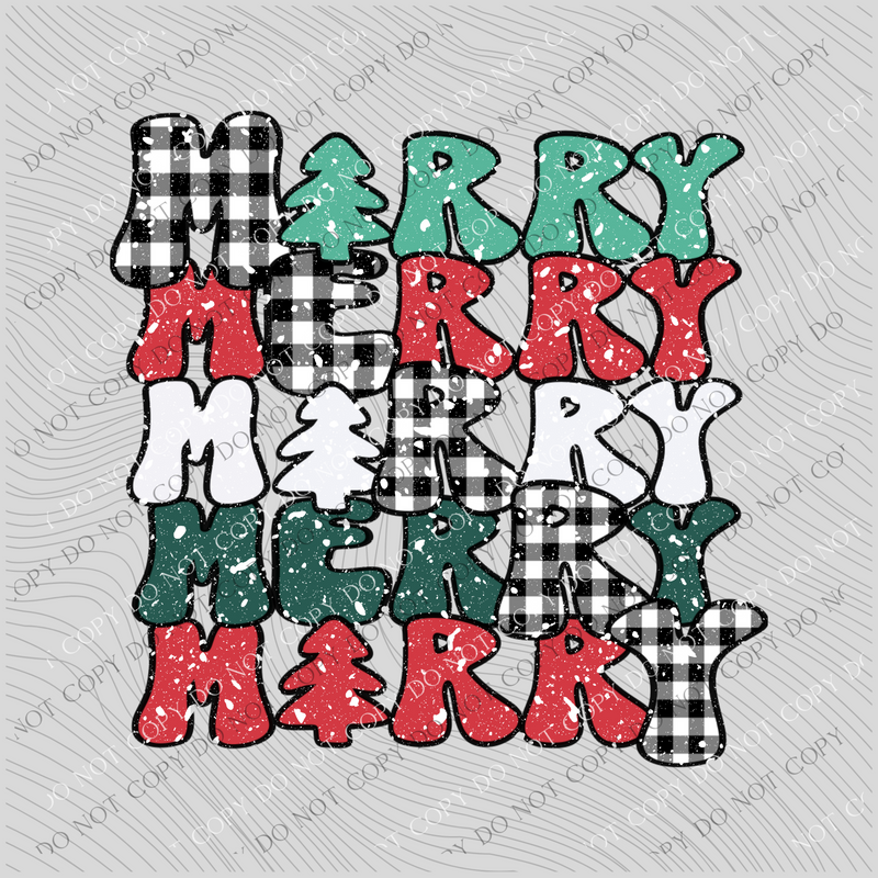 Merry Stacked Christmas Buffalo Plaid Red/Greens Snow Distressed PNG, Digital Download